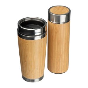 Set bestehend aus einem doppelwandigen Bambus Trinkbecher (400ml) und einer Vakuum Trinkflasche mit Bambusummantelung und Teesieb (350ml). Dieses Set wird im Einzelkarton geliefert. Ihre Werbung wird auf beide Trinkgefäße gelasert. 